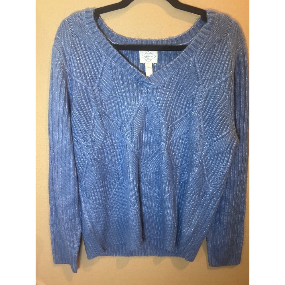 St. John's Bay Sweater Womens Large Blue Excellent V-Neck Diamond Cable Knit